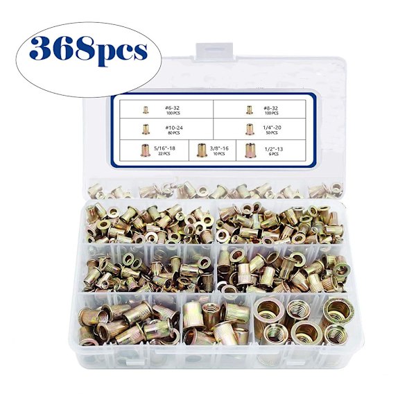 368st Räfflade Nitmutter Kit, Gängade Insatsmuttrar av Zinklegering, Sortiment