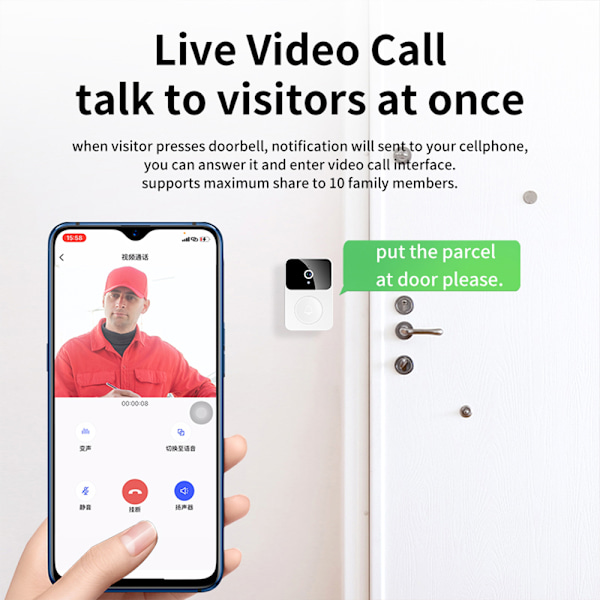 X9 Vit Smart WiFi Video Dörrklocka med Mörkerseende