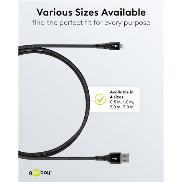 Lightning-USB-A supersoft textilkabel med metallkontakter, 0,5 m, svart