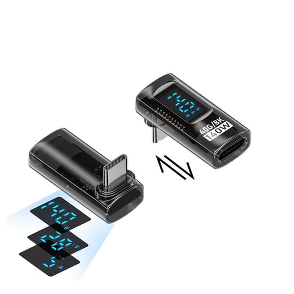 240W USB-C hun- til USB-C han-adapter med digitalt display - vertikalt buet design, sort (2-pak)