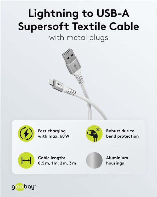 Lightning-USB-A supersoft textilkabel med metallkontakter, 3 m, vit