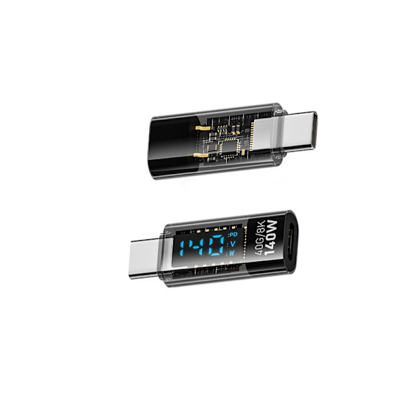 140W USB-C Hun til USB-C Han Adapter med Digital Display - Transparent Sort (2 stk)