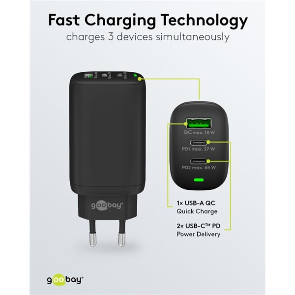 USB-C™ PD GaN multiport snabbladdare (65 W) svart