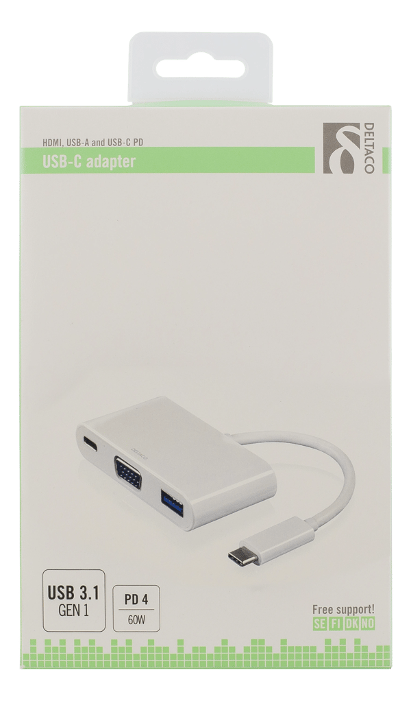 USB-C to VGA adapter, charging 60 W,  1x USB-A, 1080p 60 Hz