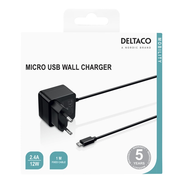 USB wall charger, fixed Micro USB cable, 1 m, black