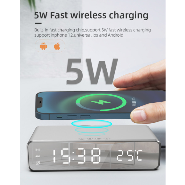INF Digital LED väckarklocka med trådlös laddare/termometer Silver