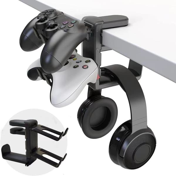 Gaming Controller & Headphone Stand med Dobbeltkroge - 360° Rotation, Ikke-Boremontering, kompatibel med PS5