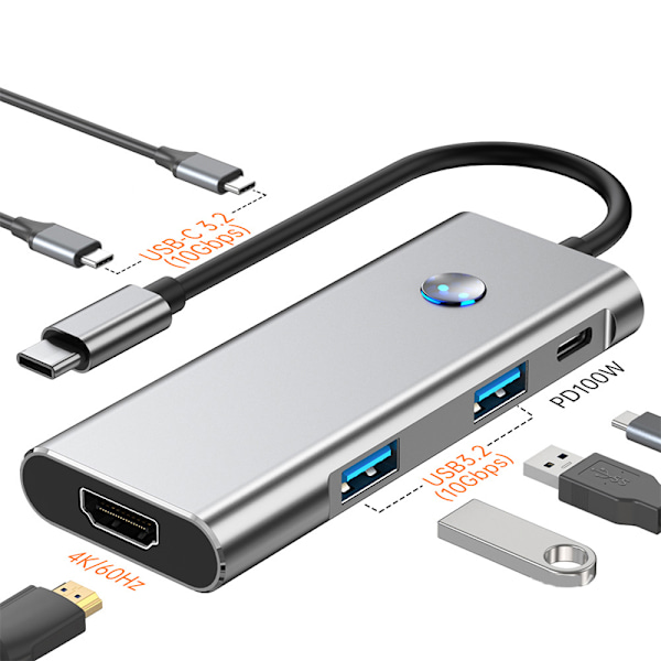 6-in-1 USB-C Hub 4K/60Hz USB 3.2 10G Datansiirto Harmaa