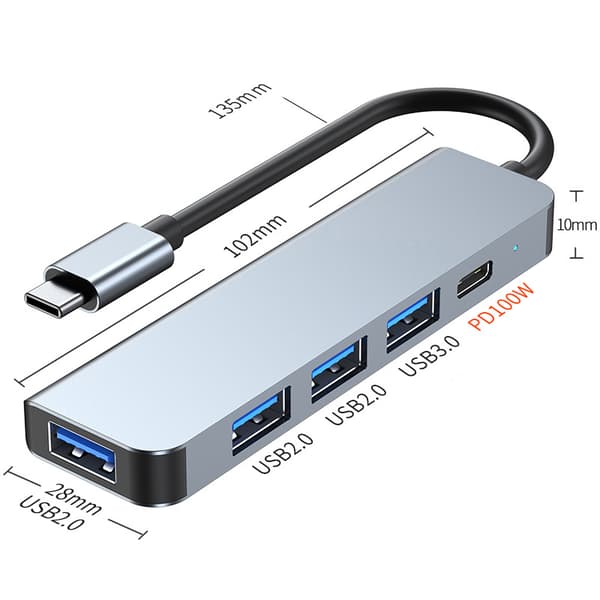Nopea moniporttinen USB-keskitin 100 W:n PD:llä - Malli 2301