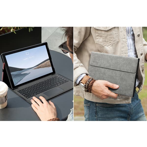 Skyddsfodral med ställ och strömficka kompatibelt med Microsoft Surface Pro X, grå, fårskinnsmocka, mikrofiber och TPU