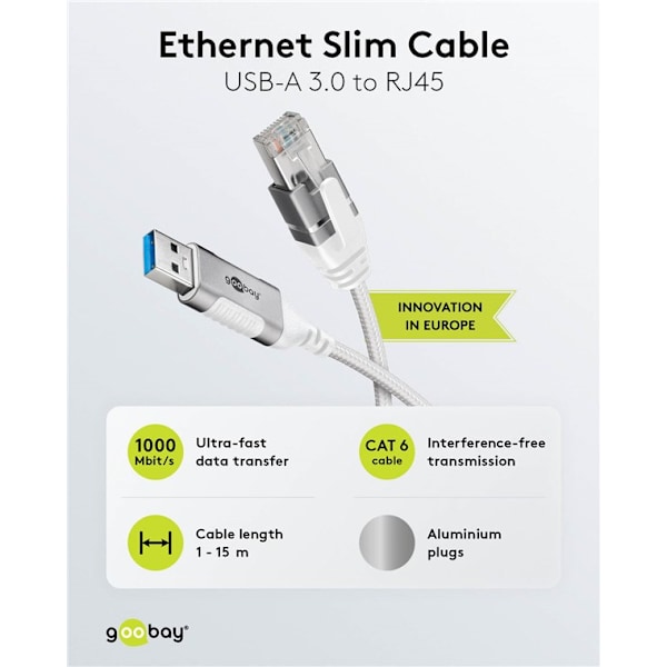 Ethernet-kabel USB-A 3.0 til RJ45, Slim, 7,5 m