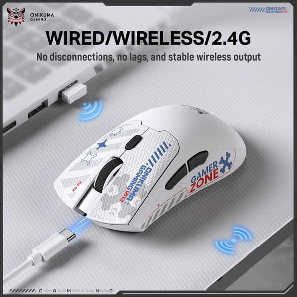 Wireless Gaming Mouse D01 - Tri-läge 2.4G/Bluetooth/Kabelanslutning, S205-sensor, upp till 12800 DPI, 6 knappar, ABS White White