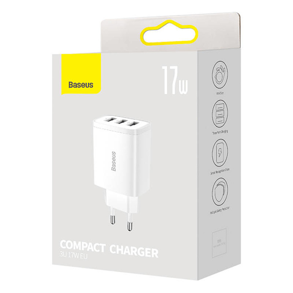 Baseus kompakt snabbladdare, 3x USB, 17W (vit)