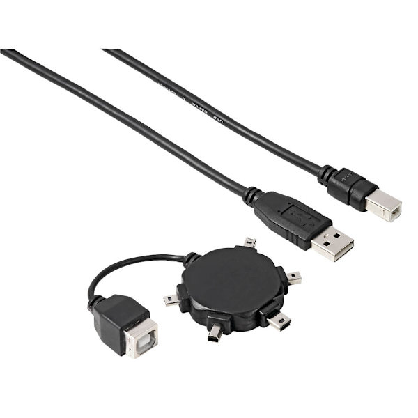 Kabel USB A-B Inkl 5x Adapter Svart 0.5m