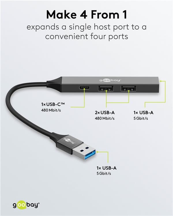 Ohut USB-keskitin 4 portilla, USB-A - USB-C™/USB-A, 5 Gbit/s