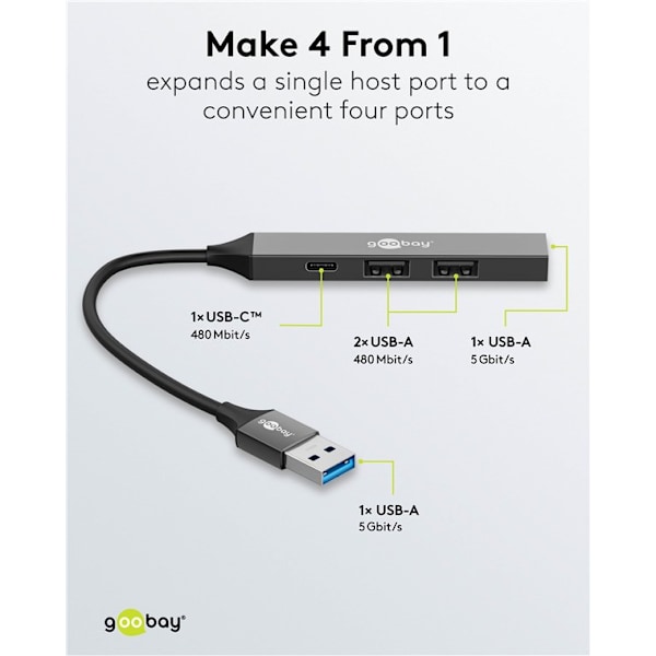 Slim 4-ports USB-hub, USB-A til USB-C™/USB-A, 5 Gbit/s