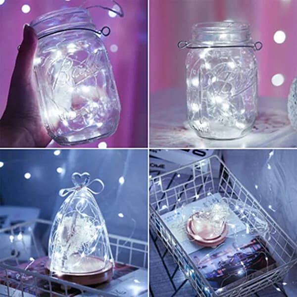 Two 1-meter mini LED light strings, battery operated, cool white light.