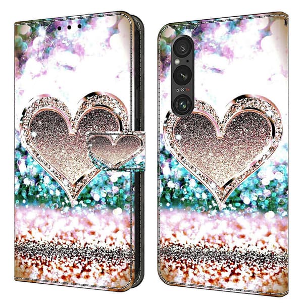 PU Leather Wallet Case with 3D Pattern and Stand for Sony Xperia 1 V (Pink Diamond Heart)