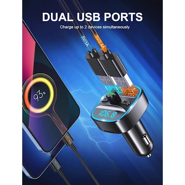 Bluetooth Car Adapter, Car MP3 Player, FM Transmitter, Hands-Free Calling, Dual USB Ports (5V/2.4A and 1A), LED Display, USB Flash Drive.