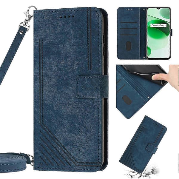 Realme 8 / 8 Pro Leather Phone Case with Striped Pattern & Lanyard - Soft Surface (Blue)