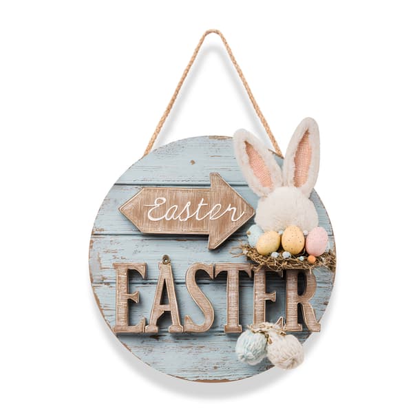 Wooden Easter Decoration: Circular Door Sign with Rabbit and Easter Eggs VB-2