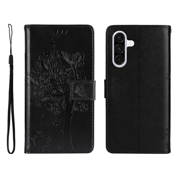Cat Tree Pattern Leather Wallet Phone Case For Samsung Galaxy A36 5G, with Stand (Black)