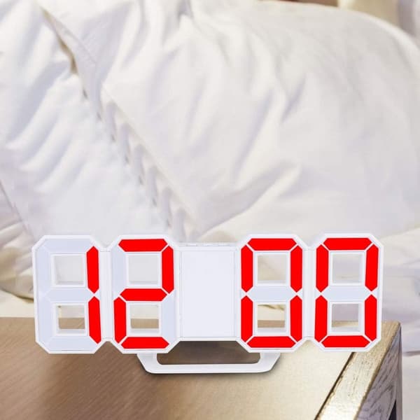 3D LED Digital Wall Clock, Bedroom Office Alarm Clock, Home Decor, White Case (Red)