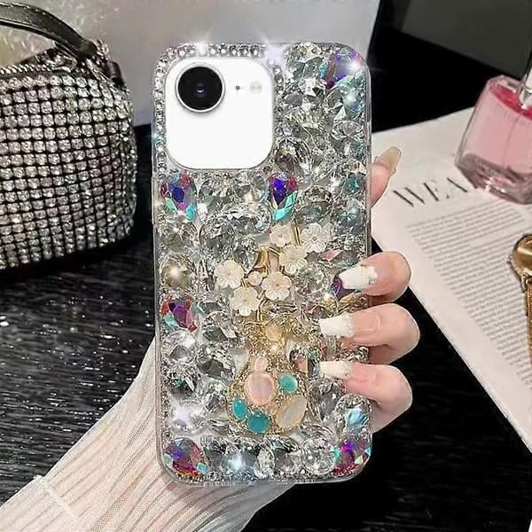 Plum Blossom Handmade Diamond Inlay PC Phone Case (White, For iPhone 16e)