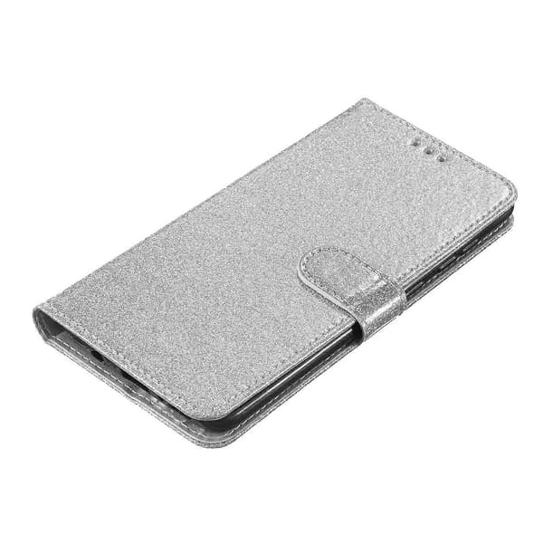Glitterpungcover til iPhone 17, ridsefast læder, stativ, telefoncover med rem (sølv)