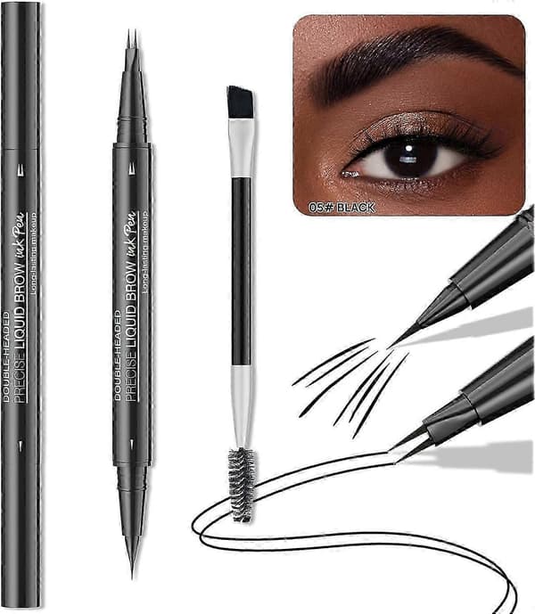 Natural Eyebrow Pencil, New 2-in-1 Double-Sided Microblading Eyebrow Pen, with Micro-Fork Tip and Precise Brush Tip (Black)