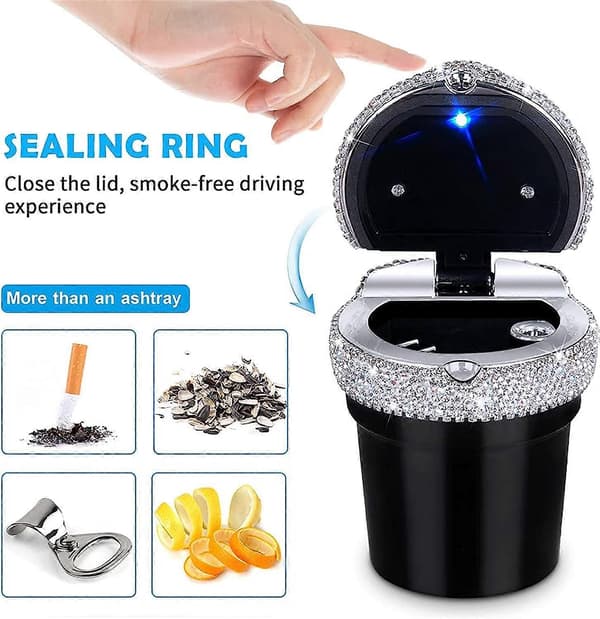 Bilaskebæger Bærbart Bling Cigaret Røgfrit Cylinder Kopholder med Blåt LED-lys, Biltilbehør til Kvinder