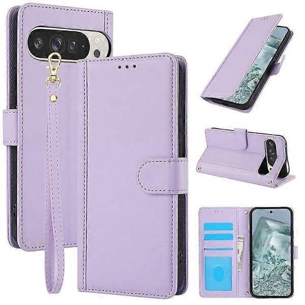 For Google Pixel 9 Pro/ Pixel 9 Case PU Leather Stand View Phone Wallet Case with Hand Strap (Purple)