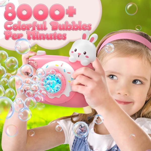 Eagle Stone Easter Bunny Bubble Machine, Kids Camera Bubble Machine, Automatic Bubble Machine with Light, Strap, 2 Bubble Waters Pink_Super Gift