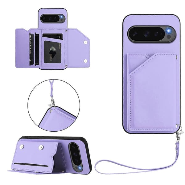 Etui med kortholder, stativ og håndledsrem til Google Pixel 10 Pro XL (Lyslilla)