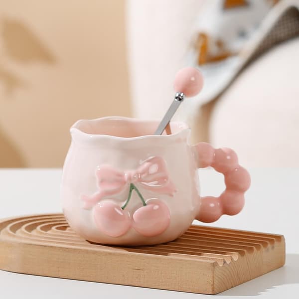 Kaffemuggset, inklusive sked, 3D-rosettdesign, rosa keramisk kaffemugg