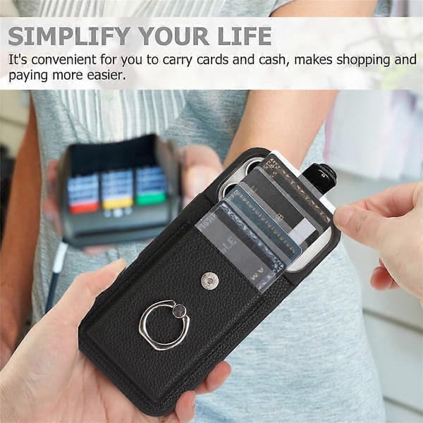 Kompatibelt etui til iPhone 17 Pro Max med ringstativ, kortlomme med trækfunktion, læderbagside (rosaguld)