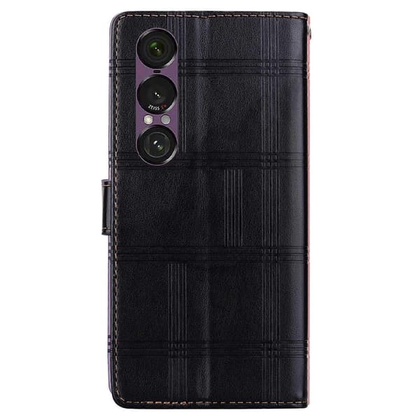 Embossed Plaid Leather Phone Case (Black, For Sony Xperia 1 VII)