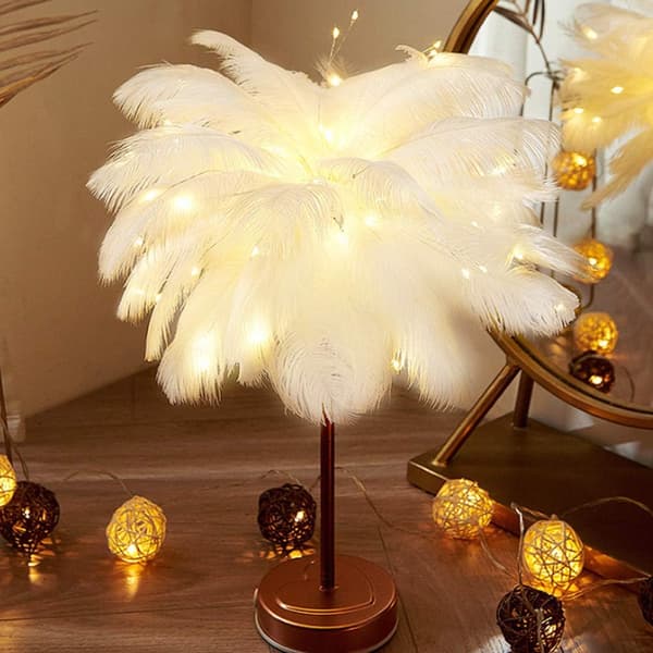 LED Feather Table Lamp with Remote Control, 3-Speed Timing / 3-Speed Brightness Adjustment (25% / 50% / ) / 3-Speed Mode Setting, Modern Nordic