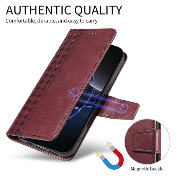 Lærfutteral med lommebokstativ og rutemønster for Samsung Galaxy S24+(Plus)/ Galaxy S25+(Plus) (vinrød)