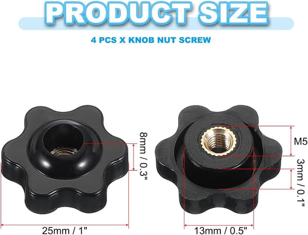M5 x 25 mm Through Hole Knob Screws - Set of 4 Black Plastic Star Knobs with Internal Brass Threads (Clamping Handles/Hand Knobs)