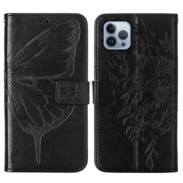 Præget sommerfugl læder telefoncover (til iPhone 15 Pro Max)