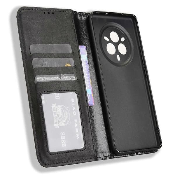 Pungcover til Realme 14 Pro 5G med stativ, retro tekstur læder telefoncover - Sort (Sort)
