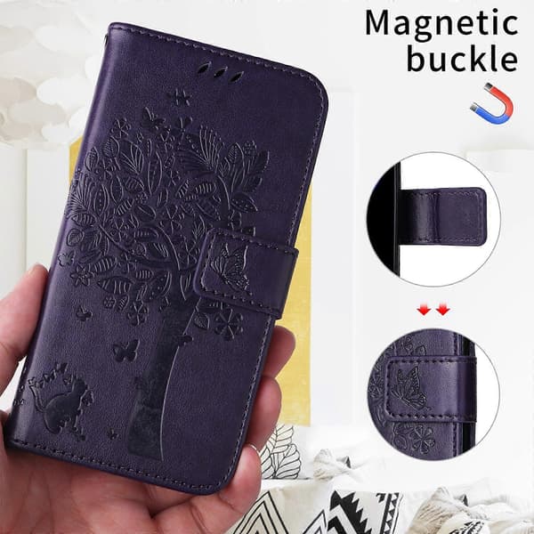 Cat Tree Pattern Leather Wallet Phone Case For Samsung Galaxy A36 5G, with Stand (Purple)
