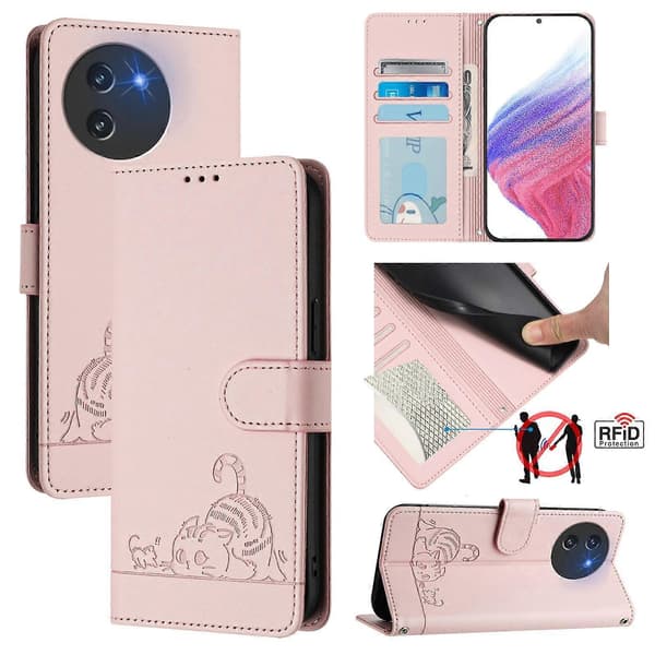 Cat Mouse Embossed Pattern RFID Leather Phone Case with Lanyard (For Doogee Note 59 5G / Note 59 Pro)