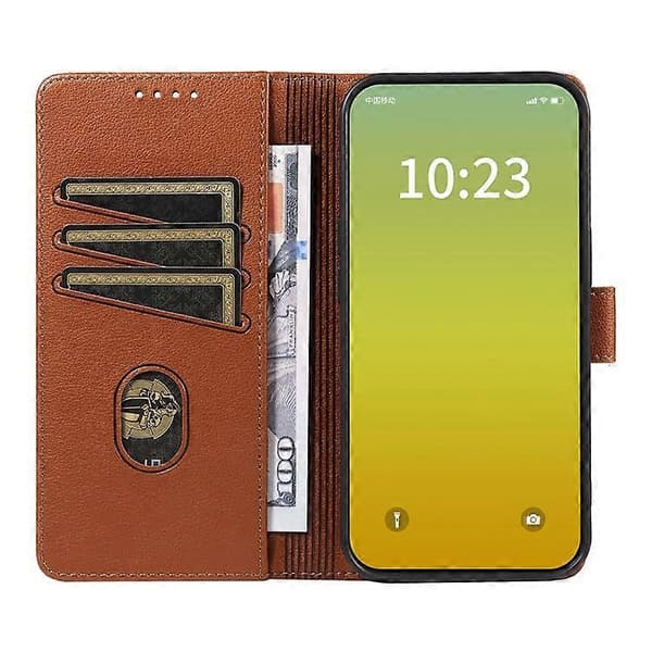 Compatible Leather Case for iPhone 15 with Litchi Texture, RFID Wallet, and Stand (Brown)