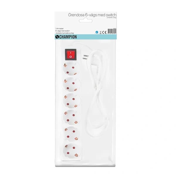 Six-way junction box with switch and a distribution box with an on/off button.