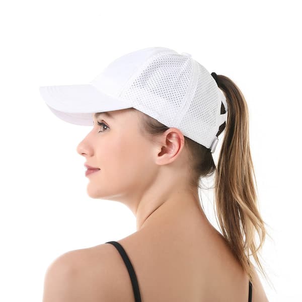 Women's Criss Cross Ponytail Cap Adjustable High Messy Bun Ponycap Quick Dry Hat (White)