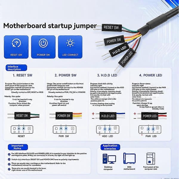 Moderkort Återställ Ström SW Switch Jumper Kabel för ASUS ROG Front F_PANEL Anslutningskabel Switch Startkabel Black