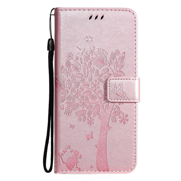 For LG K42 Tree & Cat Pattern Pressed Print Horizontal Flip PU Leather Case with Holder & Card Slots & Wallet & Lanyard