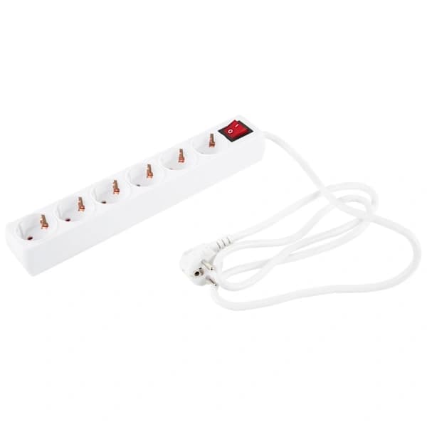 Six-way junction box with switch and a distribution box with an on/off button.